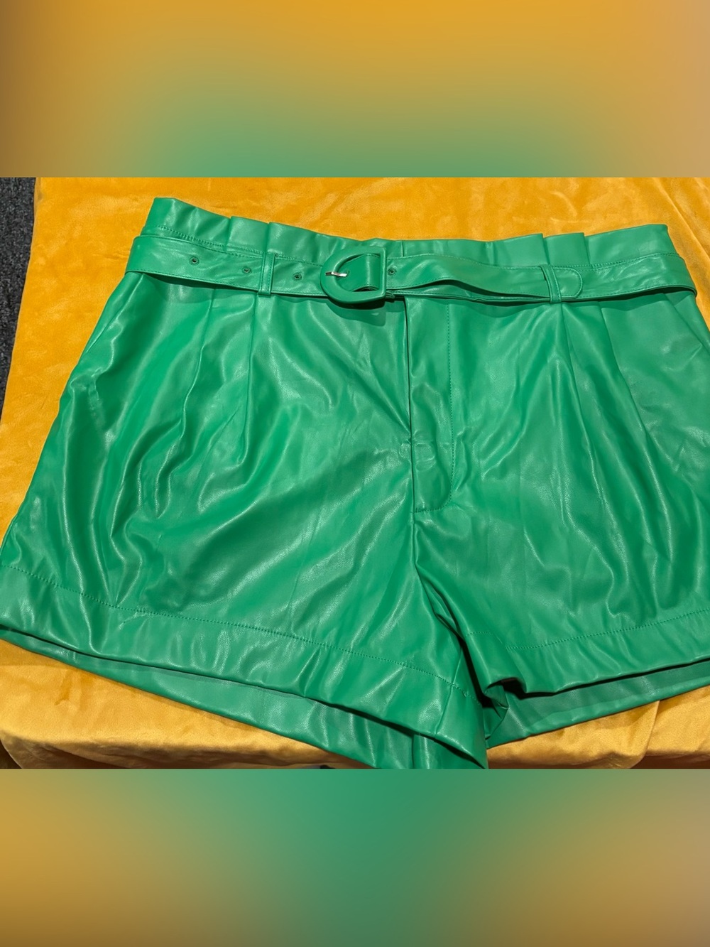 SHEIN Green High Waist Faux Leather Belted Shorts